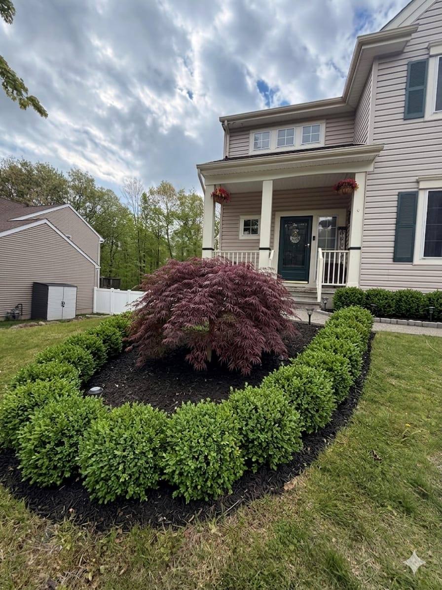 Trimmed shrubs around a Japanese maple